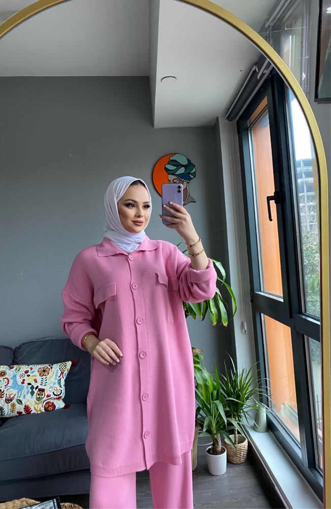 Çift cep basic triko ikili takım Pembe