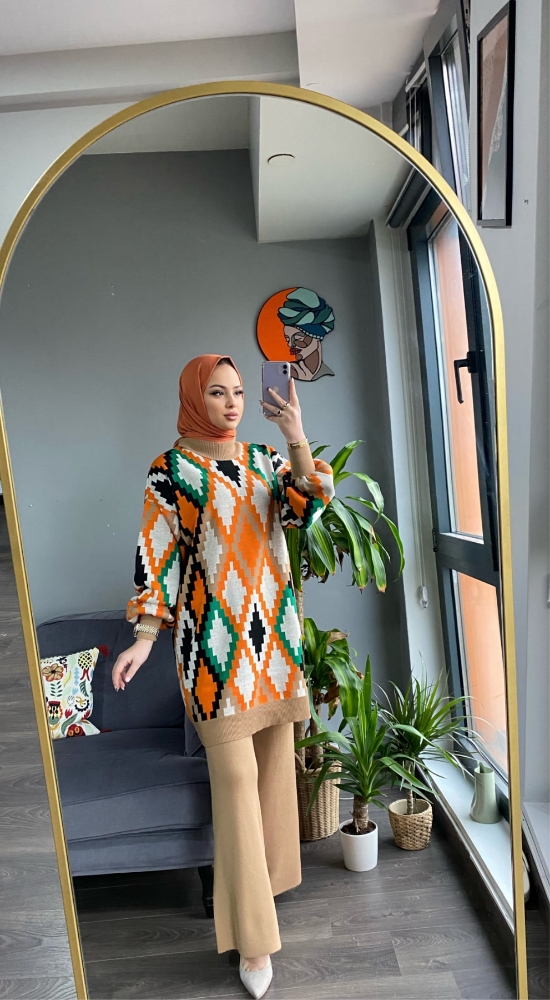 Batik balon kol triko ikili takım camel