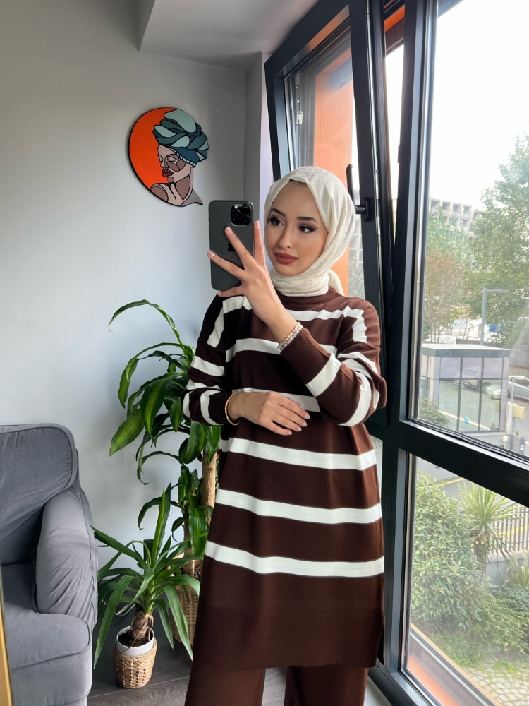 İndirim basic çizgili takım Kahve